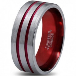 Вольфрамовое Матовое Обручальное (свадебное) кольцо 8мм (мужское, женское) с двойной красной линией CC8871-A