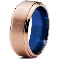 Вольфрамовое Матовое Обручальное (свадебное) кольцо 8мм (мужское, женское) с покрытием 18к розовым золотом, синее внутри