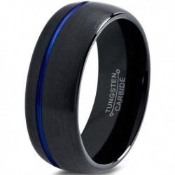 Вольфрамовое Матовое Обручальное (свадебное) кольцо 8мм (мужское, женское) черное со смещенной синей линией