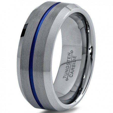 Вольфрамовое Матовое Обручальное (свадебное) кольцо 8мм (мужское, женское) с синей линией по центру