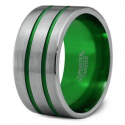Вольфрамовое Широкое Обручальное (свадебное) кольцо 12мм (мужское, женское), двойная зеленая линия