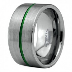 Вольфрамовое Широкое Обручальное (свадебное) кольцо 12мм (мужское, женское), зеленая линия по центру