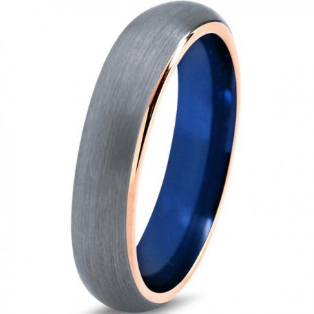 Вольфрамовое Матовое Обручальное (свадебное) кольцо 5мм (мужское, женское) с покрытием 18к розовым золотом , синее с серым