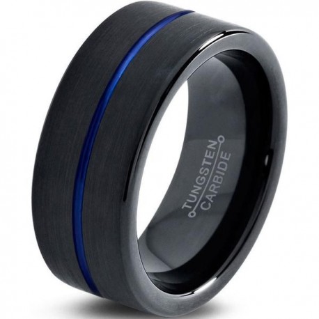 Вольфрамовое Матовое Обручальное (свадебное) кольцо 10мм (мужское, женское) черно синее , линия по центру