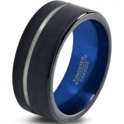 Вольфрамовое Матовое Обручальное (свадебное) кольцо 10мм (мужское, женское) черно синее, со смещенной линией