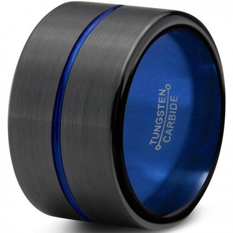 Вольфрамовое Матовое Обручальное (свадебное) кольцо 12мм (мужское, женское), синяя линия по центру