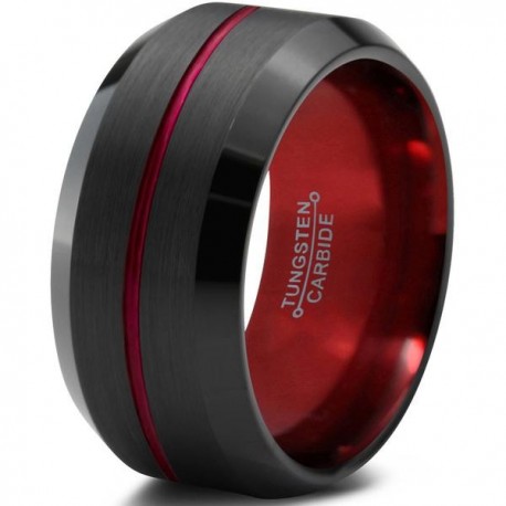 Вольфрамовое Матовое Обручальное (свадебное) кольцо 10мм (мужское, женское) черно красное, линия по центру
