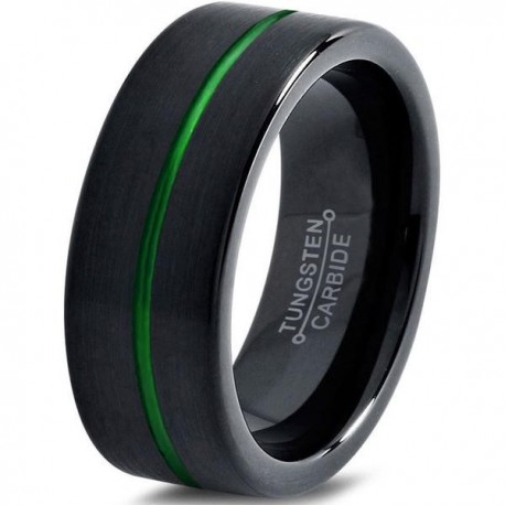 Вольфрамовое Матовое Обручальное (свадебное) кольцо 10мм (мужское, женское) черно зелёное, со смещенной линией