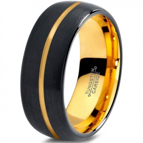 Вольфрамовое Матовое Черное Обручальное (свадебное) кольцо 8мм (мужское, женское) с покрытием из желтого золота