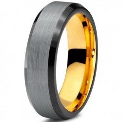 Вольфрамовое Матовое Обручальное (свадебное) кольцо 6мм (мужское, женское) с покрытием из желтого золота
