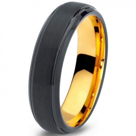 Вольфрамовое Черное Матовое Обручальное (свадебное) кольцо 6мм (мужское, женское) с покрытием из желтого золота