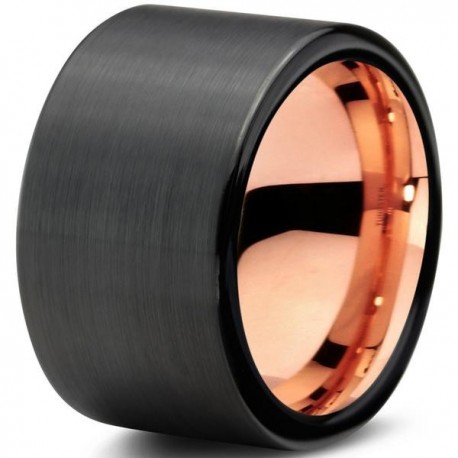 Вольфрамовое Черное Матовое Обручальное (свадебное) кольцо 12мм (мужское, женское) с покрытием 18к розовым золотом