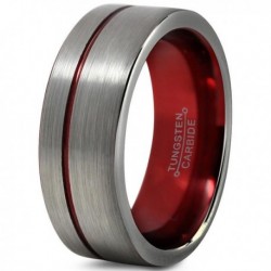 Вольфрамовое Матовое Обручальное (свадебное) кольцо 8мм (мужское, женское) со смещенной красной линией