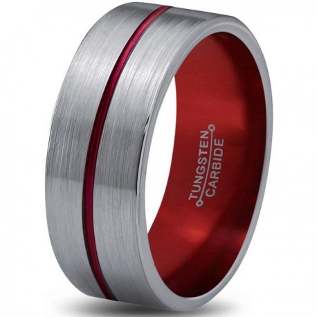 Вольфрамовое Матовое Обручальное (свадебное) кольцо 8мм (мужское, женское) с красной линией по центру