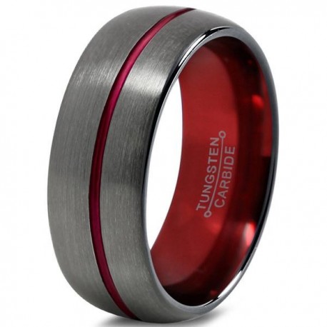 Вольфрамовое Матовое Обручальное (свадебное) кольцо 8мм (мужское, женское) цвет Gunmetal, красная линия по центру