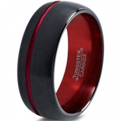Вольфрамовое Матовое Обручальное (свадебное) кольцо 8мм (мужское, женское) черно красное со смещенной линией