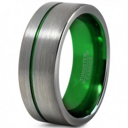 Вольфрамовое Матовое Обручальное (свадебное) кольцо 8мм (мужское, женское) со смещенной зеленой линией