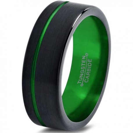 Вольфрамовое Матовое Обручальное (свадебное) кольцо 8мм (мужское, женское) черно зелёное со смещенной линией