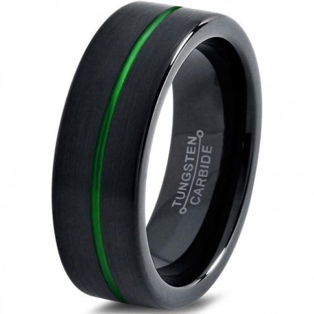 Вольфрамовое Матовое Обручальное (свадебное) кольцо 8мм (мужское, женское) черное с зеленой линией по центру