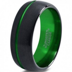Вольфрамовое Матовое Обручальное (свадебное) кольцо 8мм (мужское, женское) черно зелёное со смещенной линией