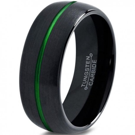 Вольфрамовое Матовое Обручальное (свадебное) кольцо 8мм (мужское, женское) черное с зеленой линией по центру